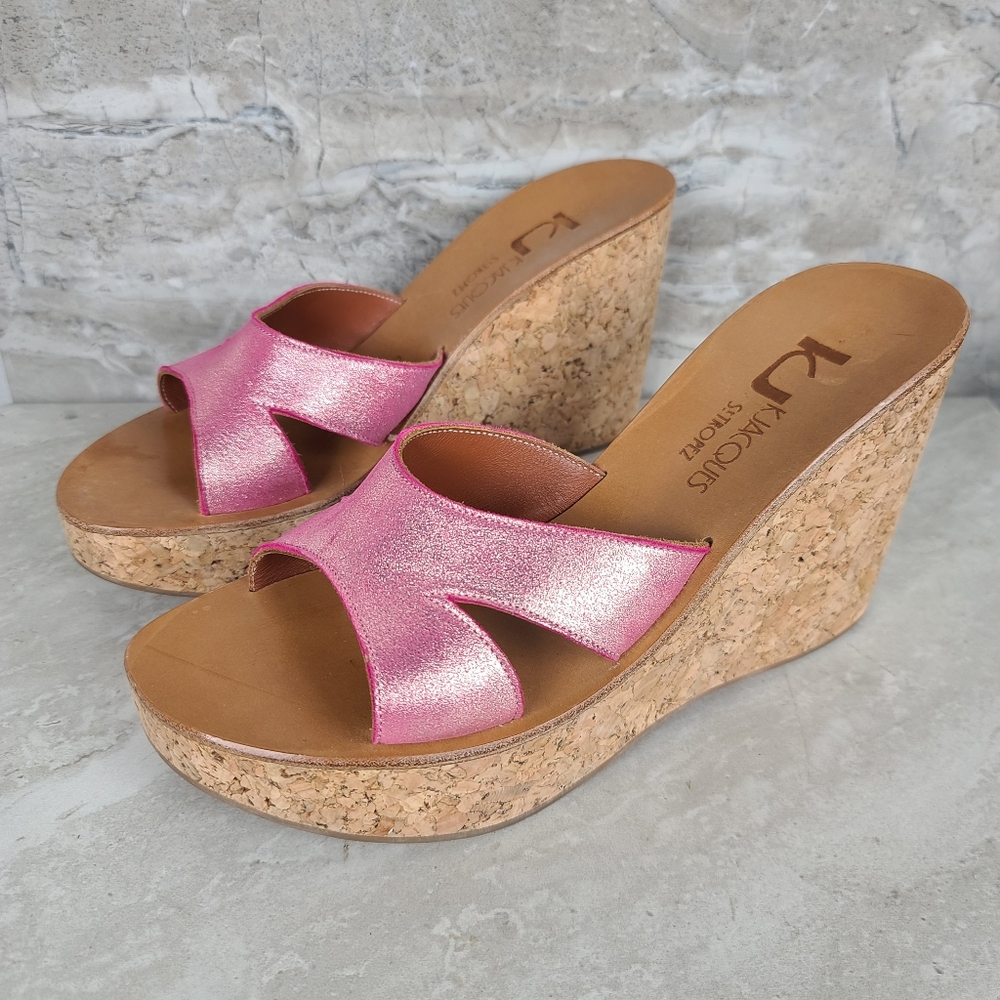 K.Jacques ATAMI Pink Metallic Leather Cork Platform Wedge Mule Sandals 40